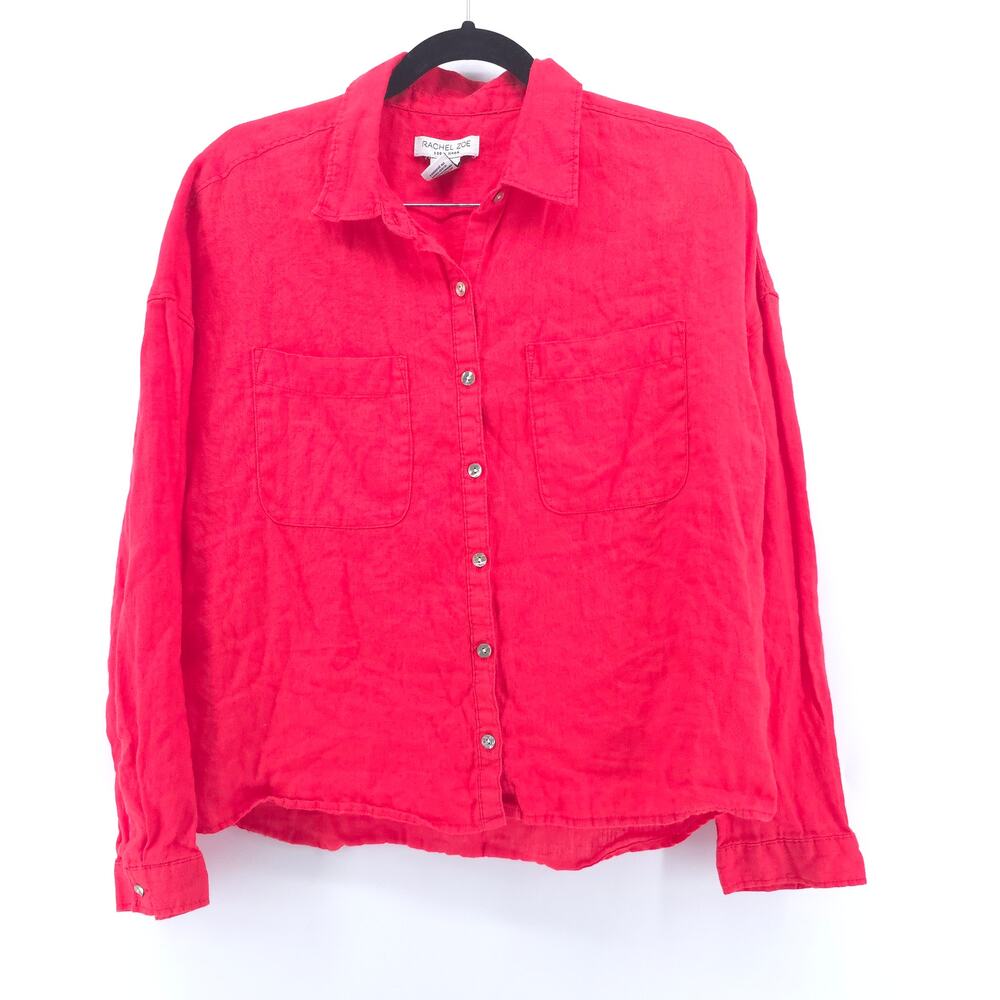 Rachel Zoe Women Red 100% Linen Relaxed Fit Long Sleeve Shell Button Down M
